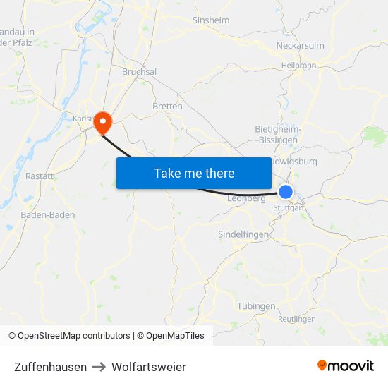 Zuffenhausen to Wolfartsweier map