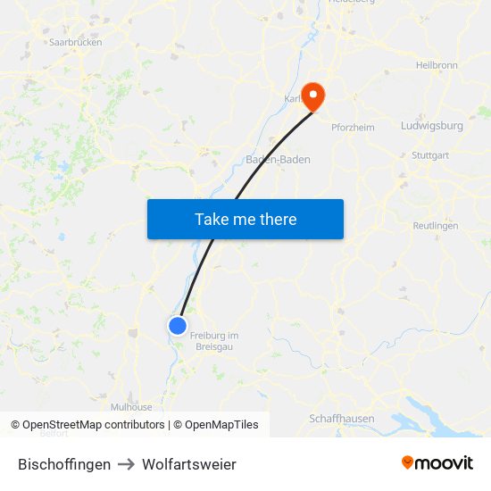 Bischoffingen to Wolfartsweier map