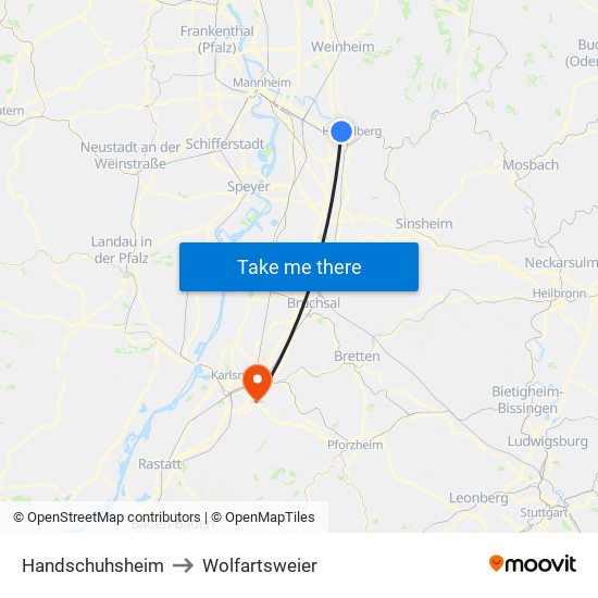 Handschuhsheim to Wolfartsweier map