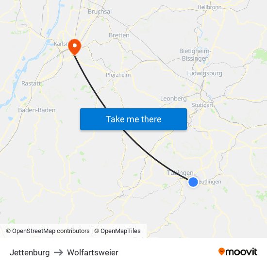 Jettenburg to Wolfartsweier map