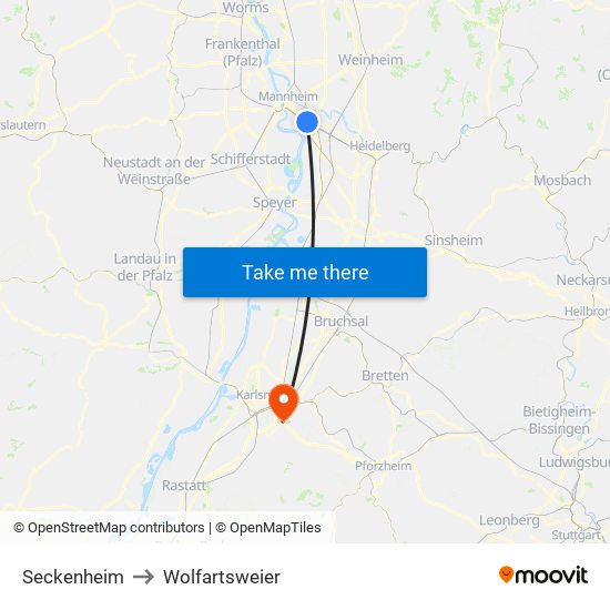 Seckenheim to Wolfartsweier map