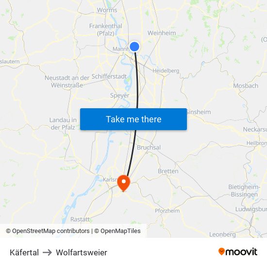 Käfertal to Wolfartsweier map