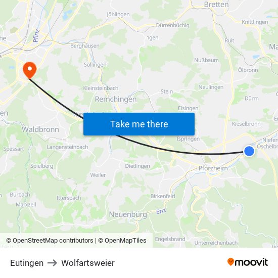 Eutingen to Wolfartsweier map