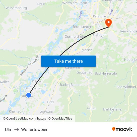 Ulm to Wolfartsweier map