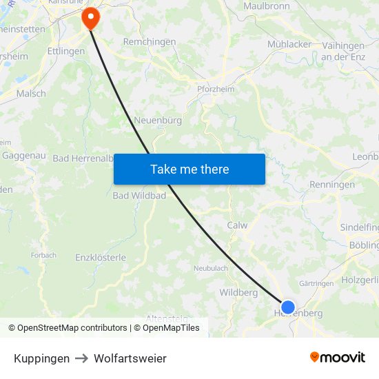 Kuppingen to Wolfartsweier map