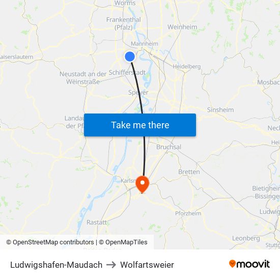 Ludwigshafen-Maudach to Wolfartsweier map