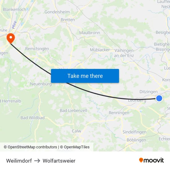 Weilimdorf to Wolfartsweier map