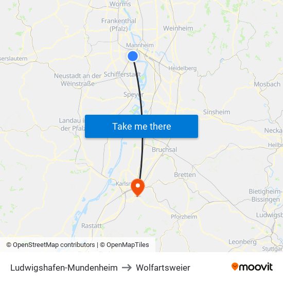 Ludwigshafen-Mundenheim to Wolfartsweier map