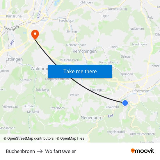 Büchenbronn to Wolfartsweier map