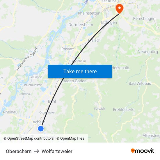 Oberachern to Wolfartsweier map