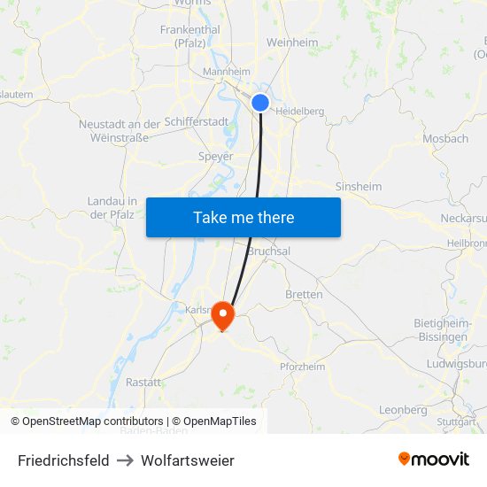 Friedrichsfeld to Wolfartsweier map