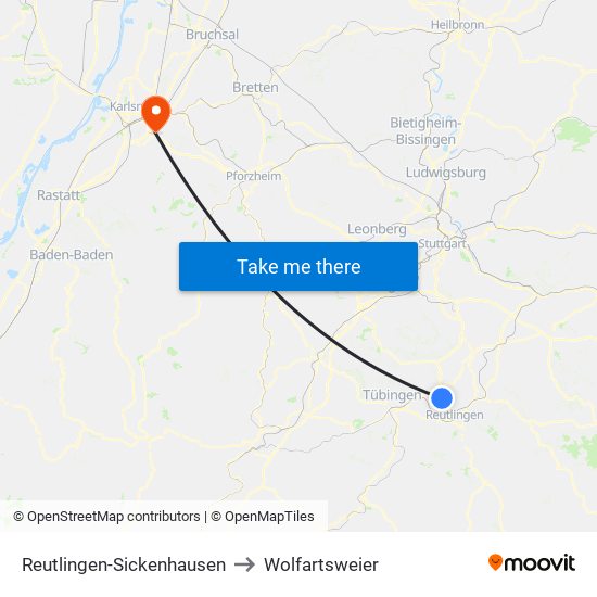 Reutlingen-Sickenhausen to Wolfartsweier map