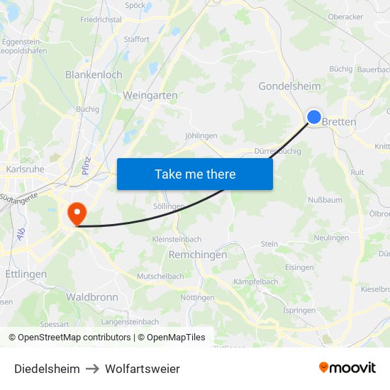 Diedelsheim to Wolfartsweier map