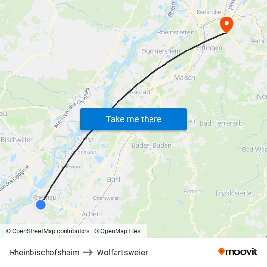 Rheinbischofsheim to Wolfartsweier map