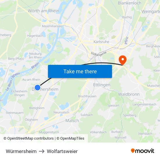 Würmersheim to Wolfartsweier map