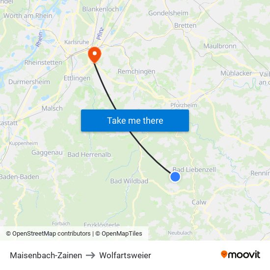 Maisenbach-Zainen to Wolfartsweier map