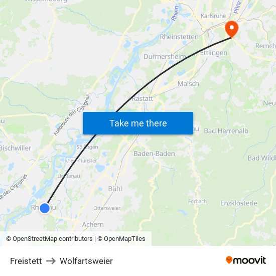 Freistett to Wolfartsweier map
