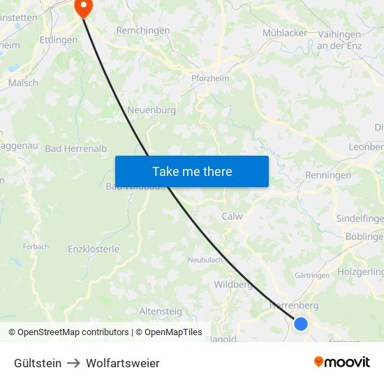 Gültstein to Wolfartsweier map