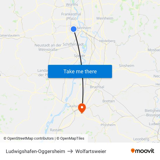 Ludwigshafen-Oggersheim to Wolfartsweier map