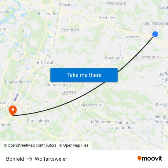 Bonfeld to Wolfartsweier map