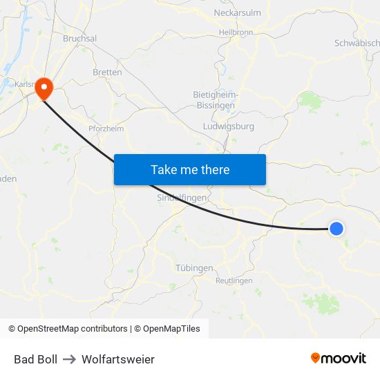 Bad Boll to Wolfartsweier map