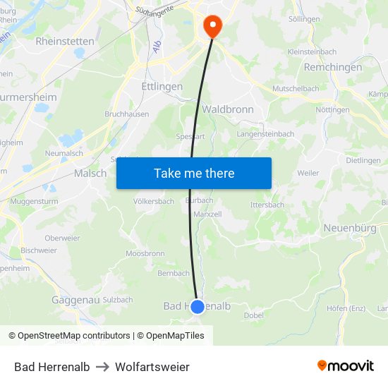 Bad Herrenalb to Wolfartsweier map