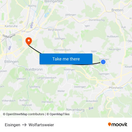 Eisingen to Wolfartsweier map