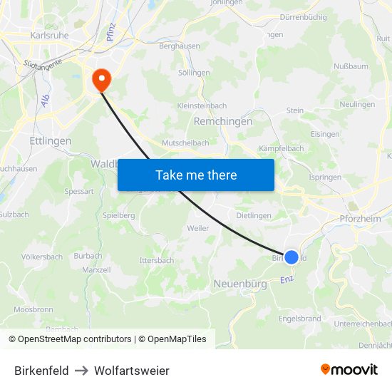 Birkenfeld to Wolfartsweier map