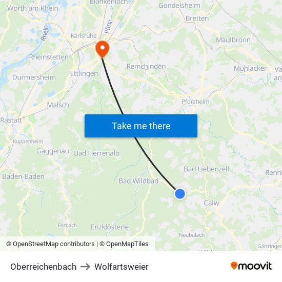 Oberreichenbach to Wolfartsweier map