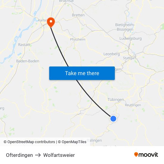 Ofterdingen to Wolfartsweier map