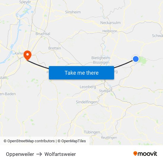 Oppenweiler to Wolfartsweier map