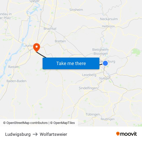 Ludwigsburg to Wolfartsweier map