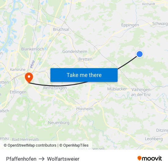 Pfaffenhofen to Wolfartsweier map