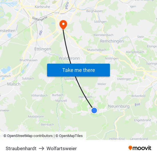 Straubenhardt to Wolfartsweier map