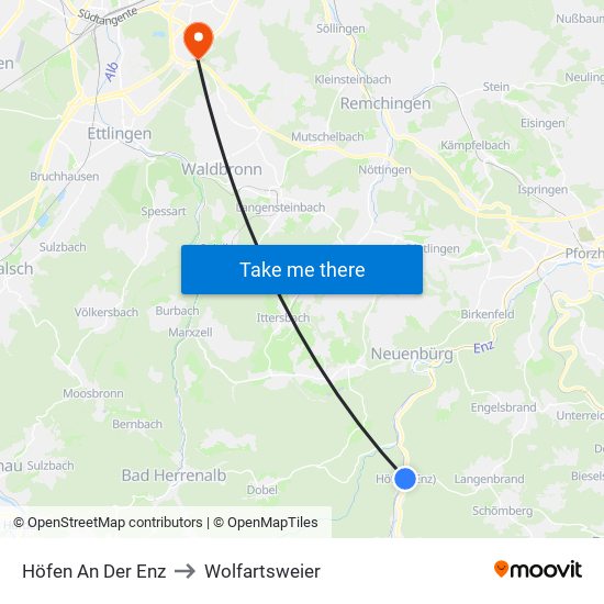 Höfen An Der Enz to Wolfartsweier map