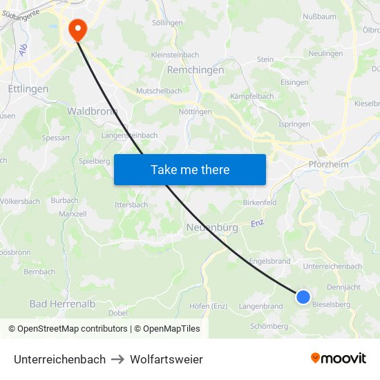Unterreichenbach to Wolfartsweier map