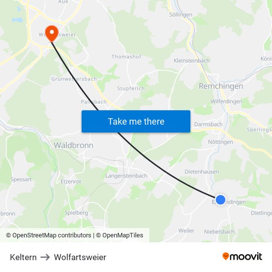Keltern to Wolfartsweier map