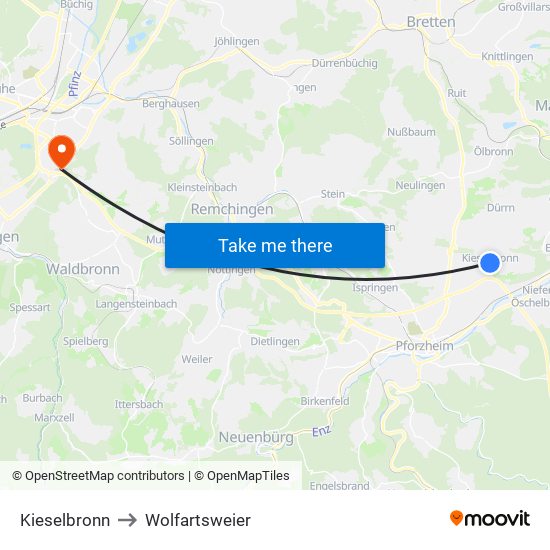 Kieselbronn to Wolfartsweier map