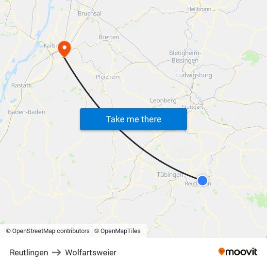 Reutlingen to Wolfartsweier map