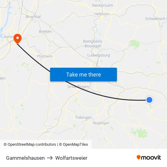 Gammelshausen to Wolfartsweier map