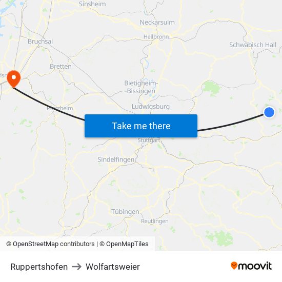 Ruppertshofen to Wolfartsweier map