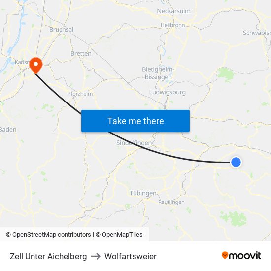 Zell Unter Aichelberg to Wolfartsweier map