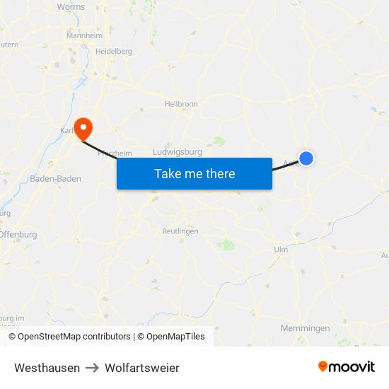 Westhausen to Wolfartsweier map