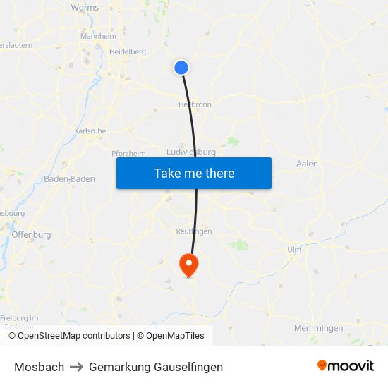 Mosbach to Gemarkung Gauselfingen map