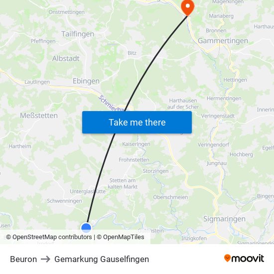 Beuron to Gemarkung Gauselfingen map