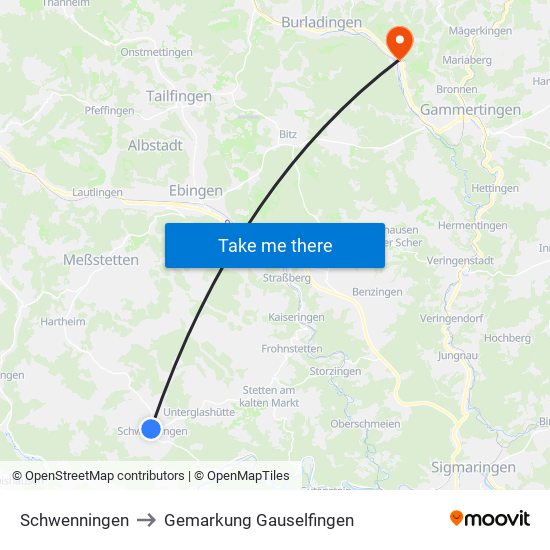 Schwenningen to Gemarkung Gauselfingen map