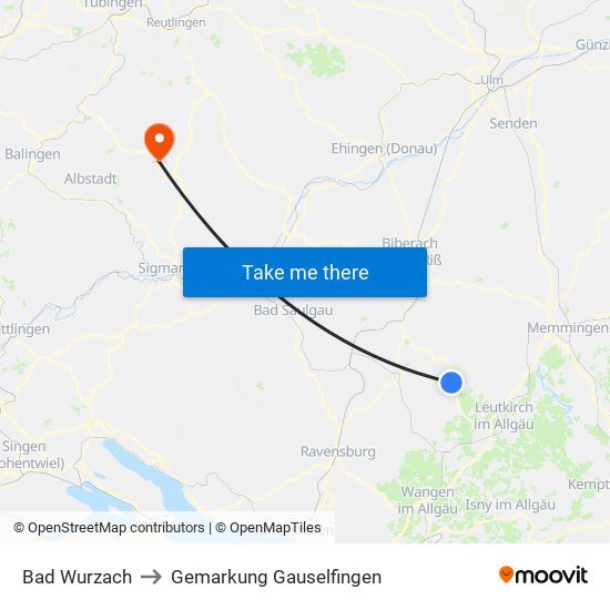 Bad Wurzach to Gemarkung Gauselfingen map