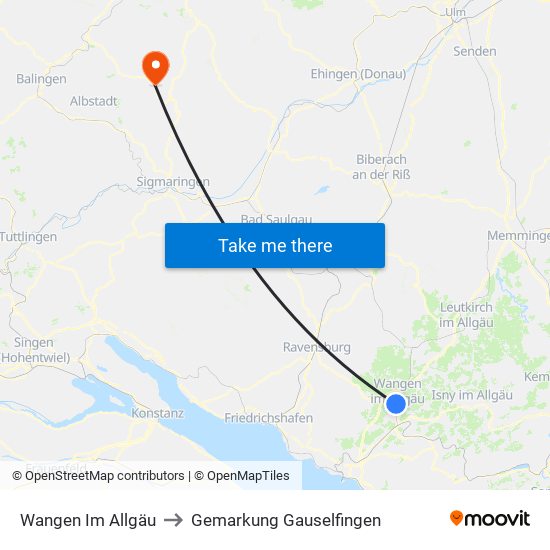 Wangen Im Allgäu to Gemarkung Gauselfingen map