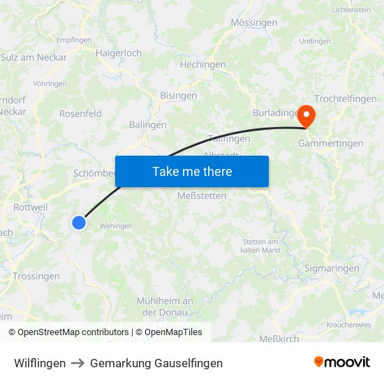 Wilflingen to Gemarkung Gauselfingen map