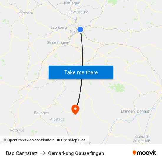 Bad Cannstatt to Gemarkung Gauselfingen map